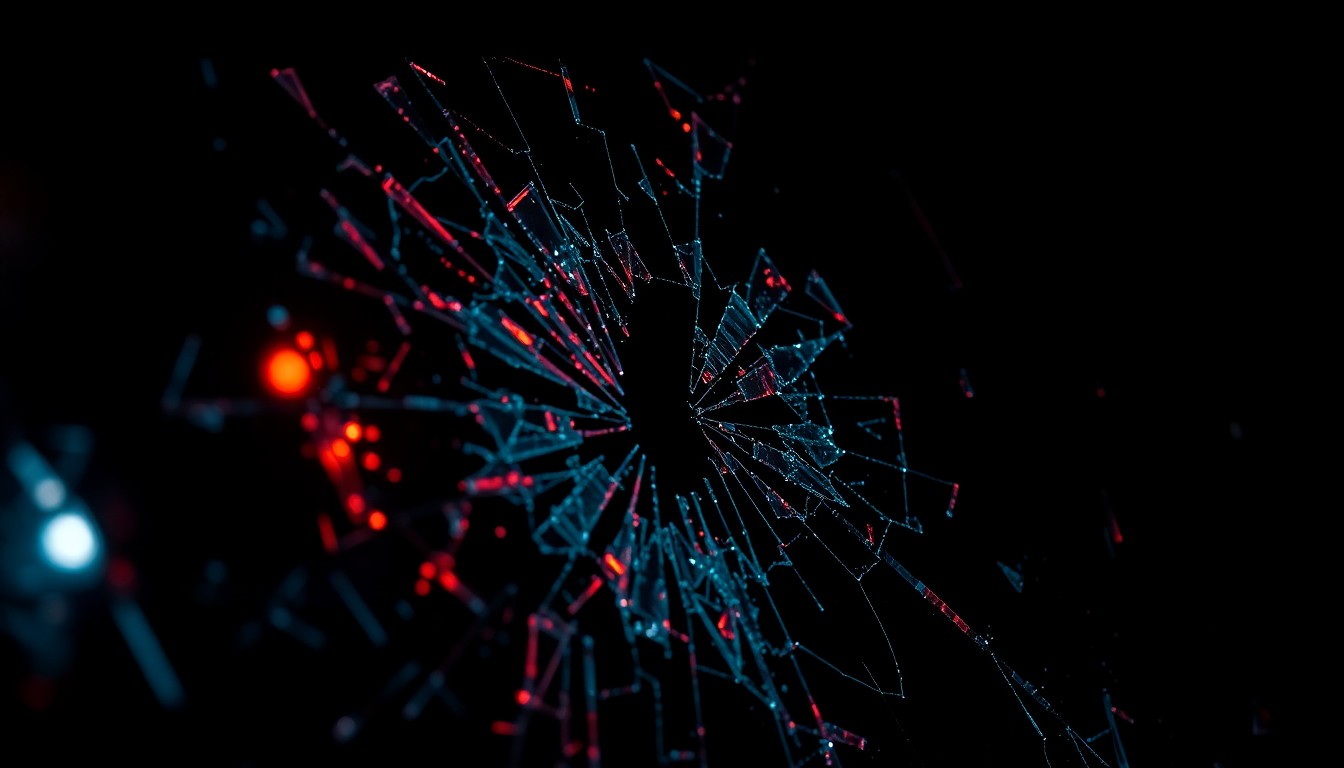 An extreme close-up photograph of shattered glass from a car window, the jagged edges and reflections of a faint red light conveying the violence and aftermath of a shooting incident.