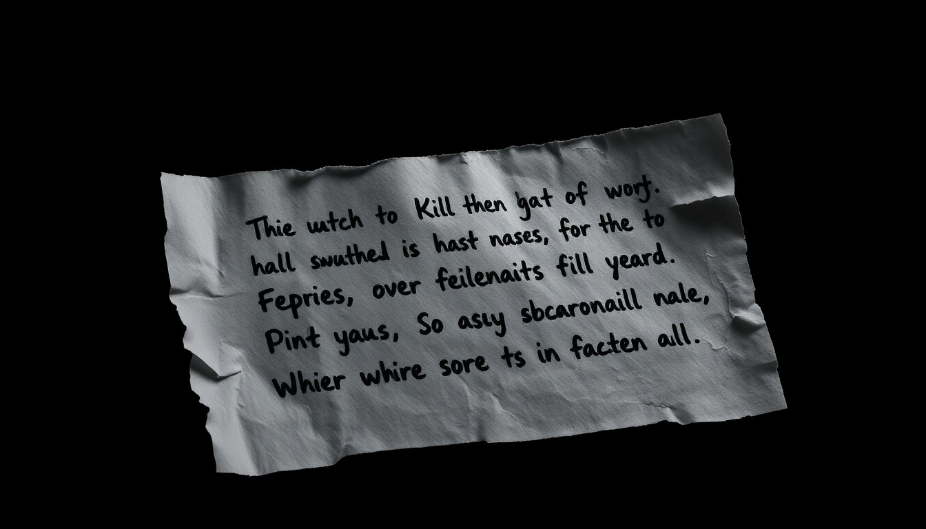 An extreme close-up photograph of a crumpled, torn piece of paper with handwritten text, capturing the gritty, investigative nature of the case.