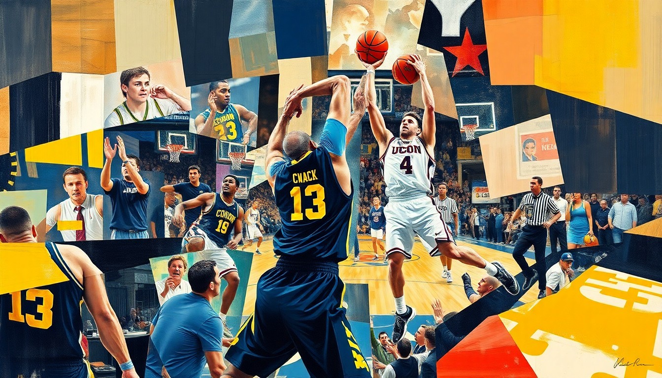 A fragmented, geometric painting depicting the intense physicality and competitive energy of the NCAA national championship basketball game, with sharp planes of color and form representing the players' movements and the game's dramatic moments.