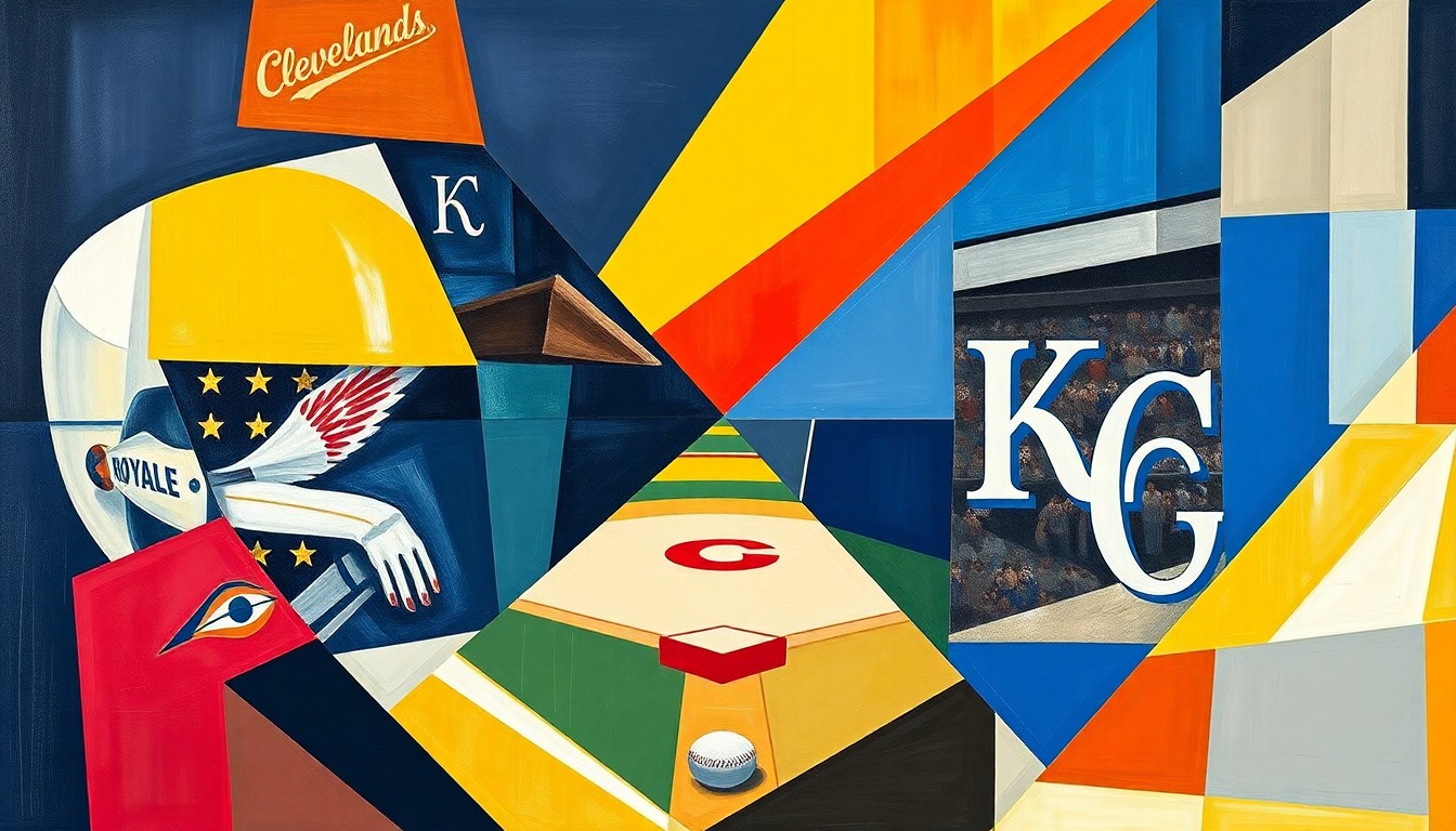 A fractured, multi-perspective painting in bold, angular shapes and colors, depicting a baseball game or match in an abstract, deconstructed style.