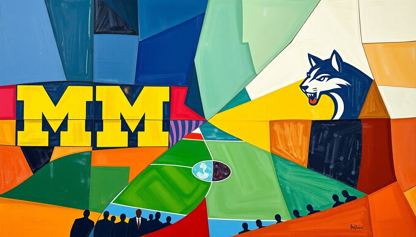 A cubist, geometric painting depicting a basketball game or match, with sharp, overlapping planes of color representing the players and action on the court, conveying the high-stakes tension and uncertainty surrounding Lendeborg's injury.