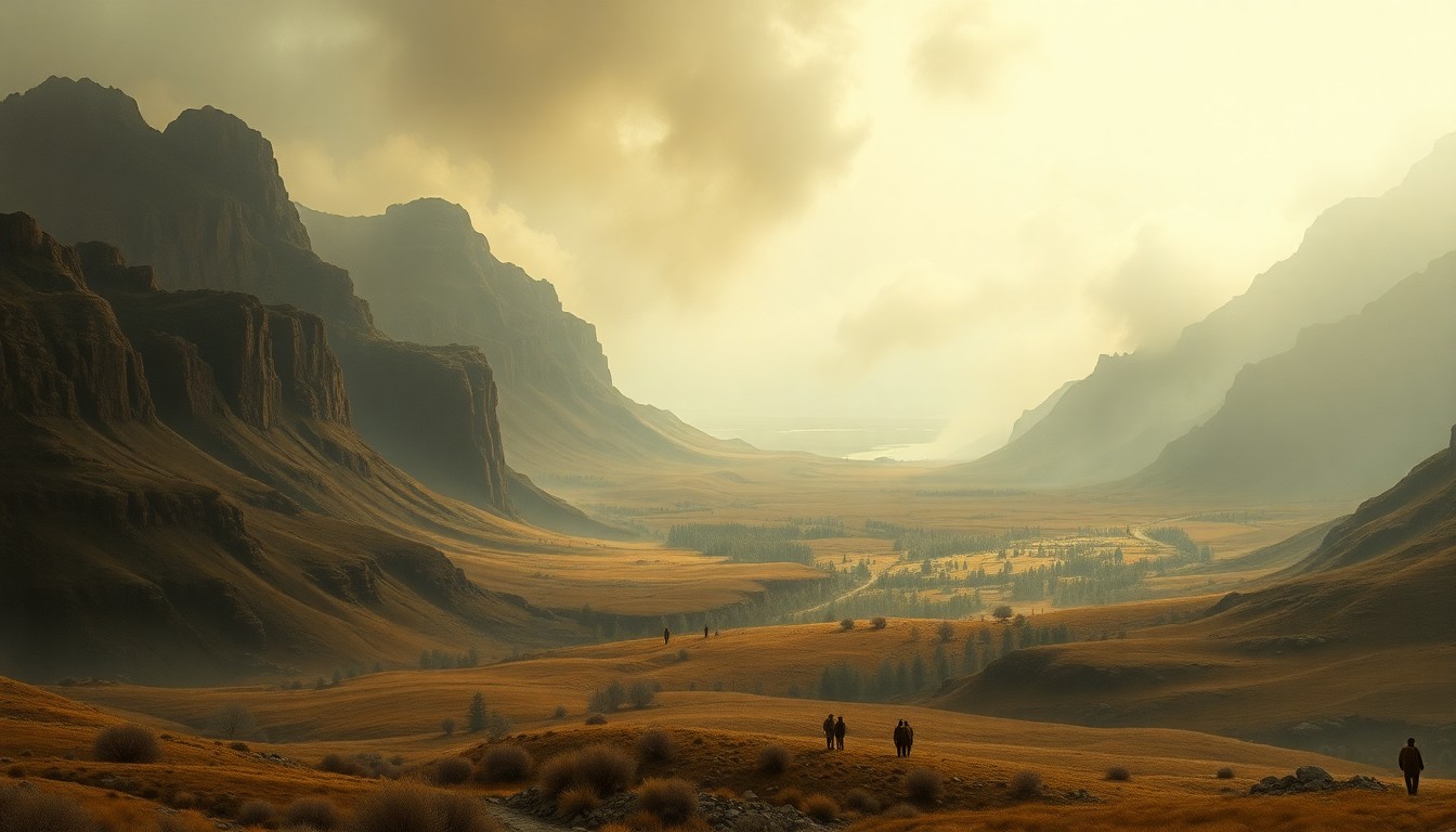 A sweeping, atmospheric landscape painting in muted earth tones, with a distant horizon obscured by thick, billowing smoke rising from the ground, conceptually representing the environmental challenges of managing rural outdoor burning.