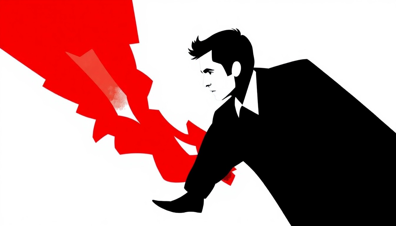 An abstract, minimalist illustration featuring bold, jagged geometric shapes in striking red and white, conceptually representing the tension between a former child actor's academic pursuits and the entertainment industry's pull towards nostalgia and financial gain.