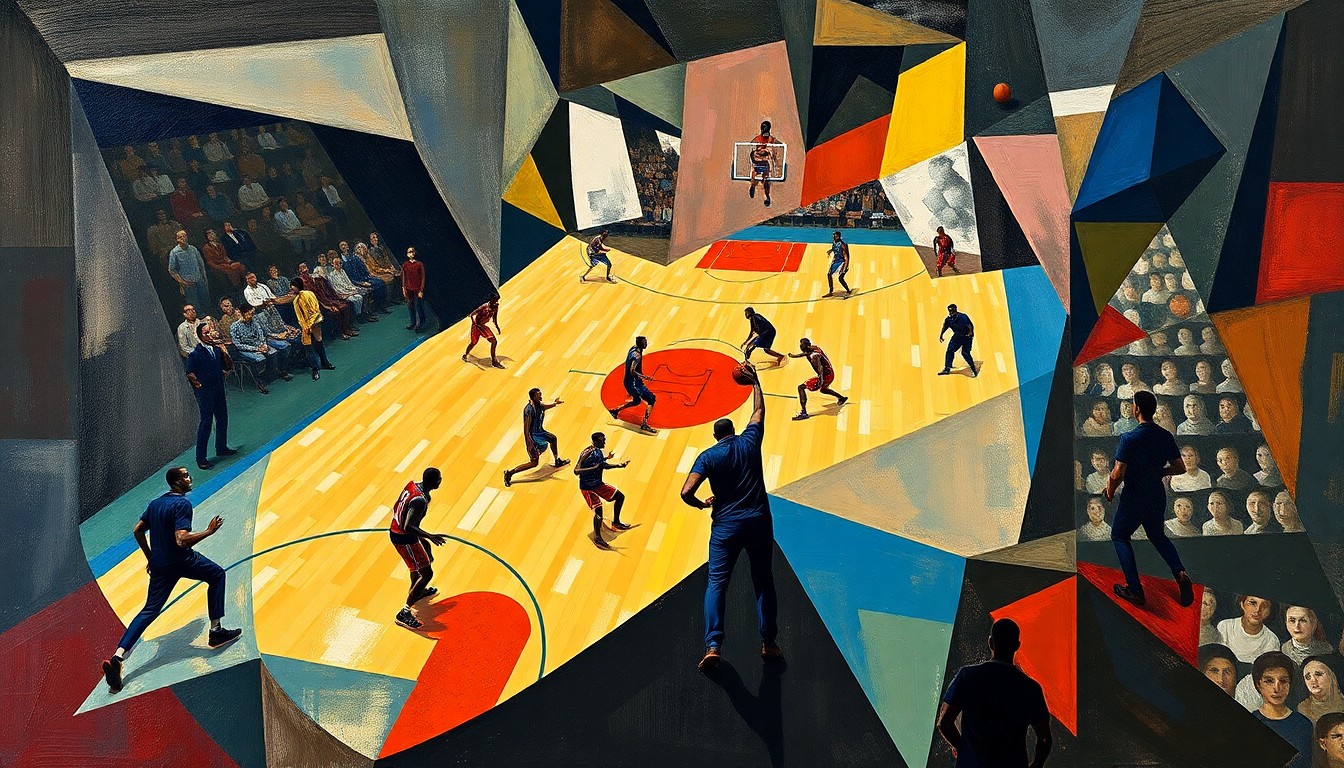 A cubist, geometric painting depicting a basketball game, with the players and court broken down into sharp, overlapping shapes and planes, conveying the intensity and dynamics of the game.