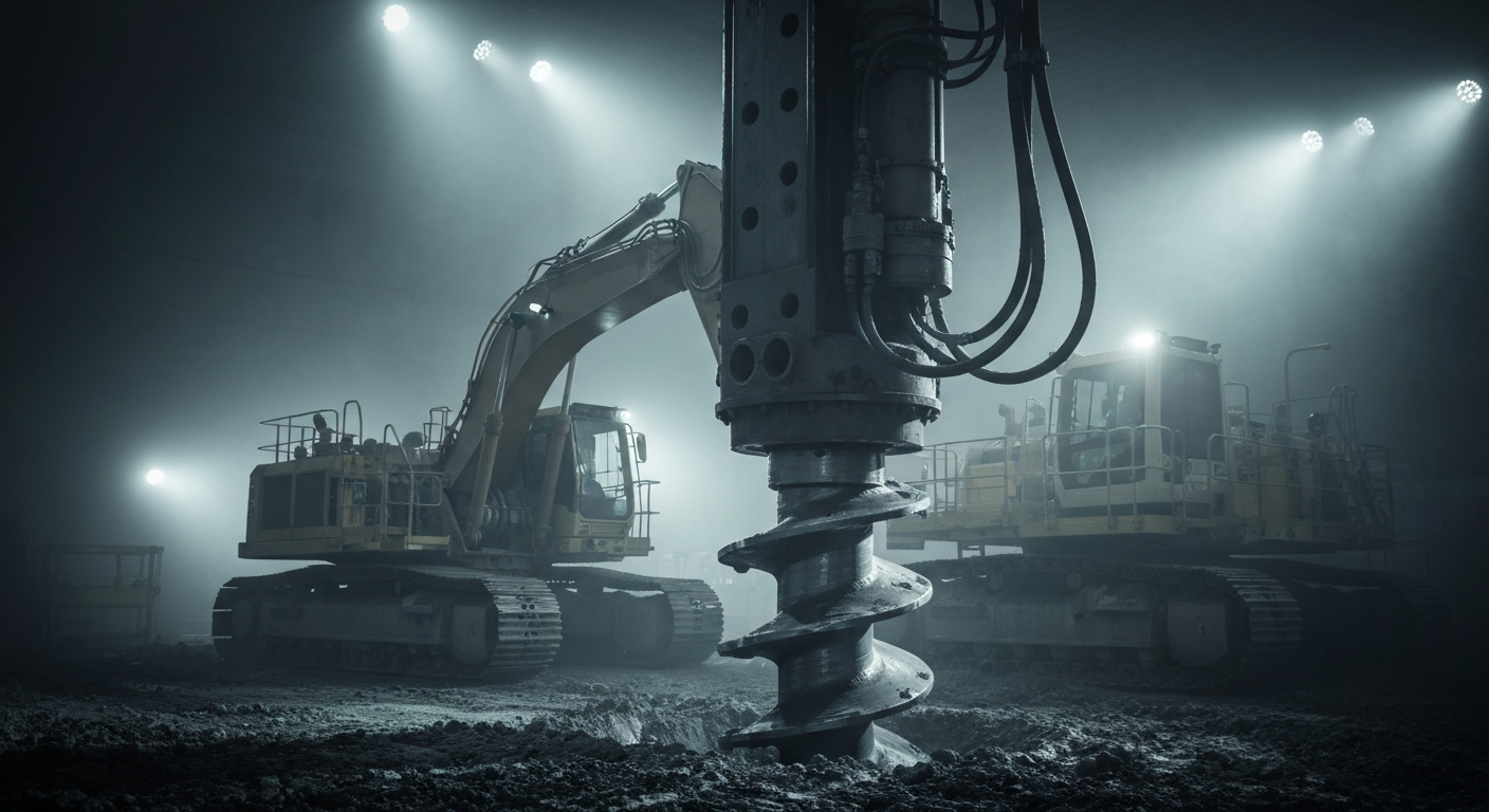 A dramatic, high-contrast macro photograph of the gears, valves, and heavy metal components of an oil drilling rig, conveying the industrial might of the energy sector.
