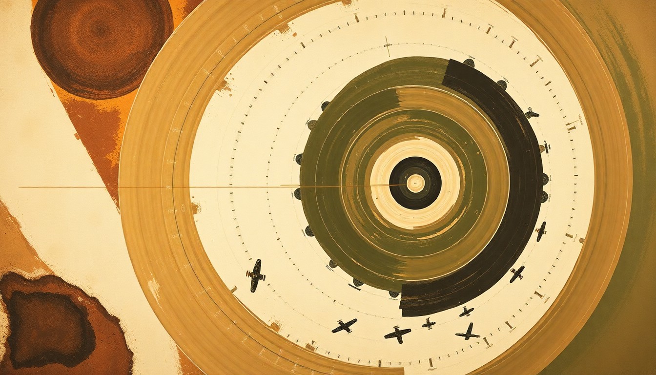 A highly textured, abstract painting in earthy tones of brown, ochre, and olive green, featuring sweeping geometric arcs, concentric circles, and precise botanical spirals, conceptually representing the historic journey of the Apollo 18 flag as it reaches space after decades of waiting.