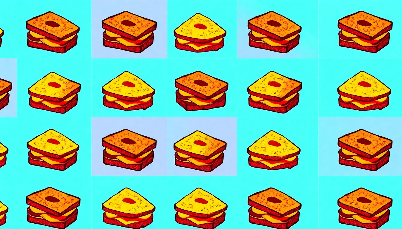 A vibrant, high-contrast silkscreen print featuring a repeated image of a grilled cheese sandwich in bold, neon colors, conceptually representing the creative and visually striking nature of this unique dish.