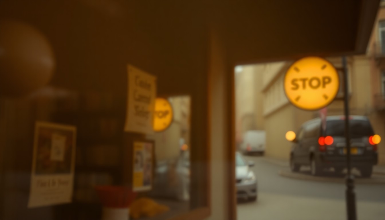 An extremely abstracted, out-of-focus photograph in soft pools of warm color and light, depicting the faint outline of an old storefront sign or facade, with the surrounding neighborhood blurred into abstract shapes.