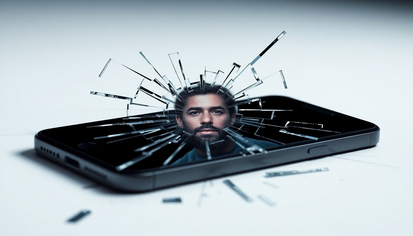 An abstract, high-contrast close-up photograph of a shattered smartphone screen reflecting a distorted, glitching digital avatar, conveying the fragility and disconnect of curated online identity.