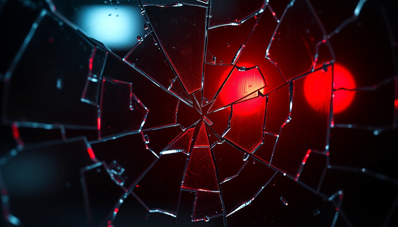 An abstract close-up photograph of shattered glass reflecting a faint red light, conveying the lingering tensions and drama from the 'Laguna Beach' rivalry between the two main stars.