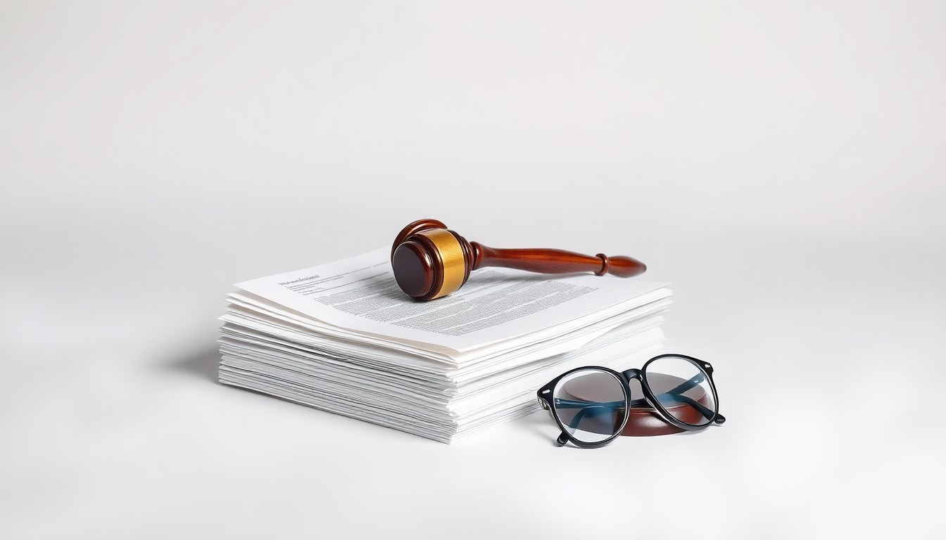 A minimalist, photorealistic studio still life featuring a stack of legal documents, a gavel, and a pair of reading glasses, conceptually representing the abstract ideas of corporate governance, investor rights, and legal proceedings.