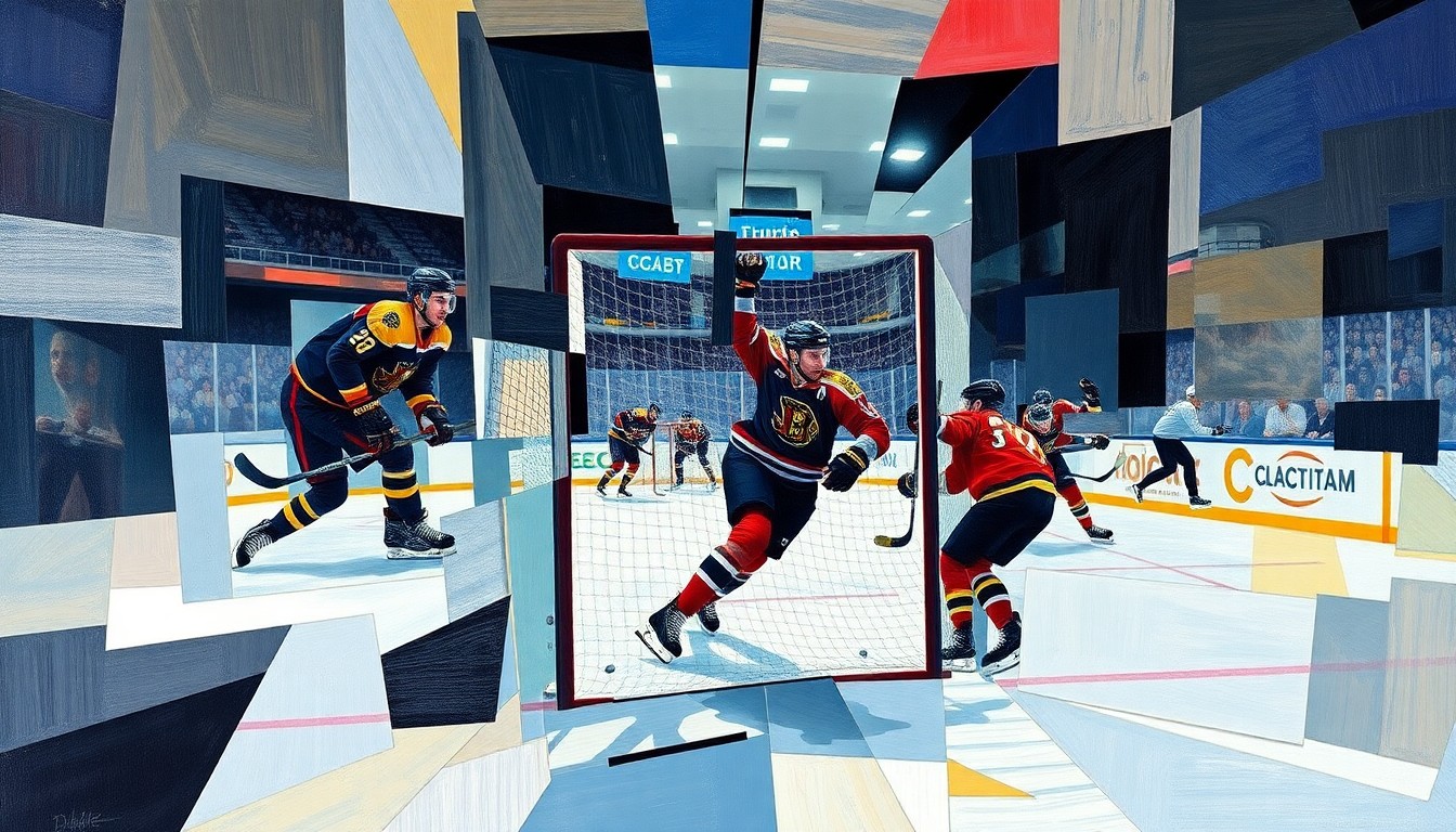 A cubist, geometric painting depicting the moment a hockey player crashes into an unlatched penalty box door, his body fractured and distorted across the canvas in a chaotic, multi-angled composition.