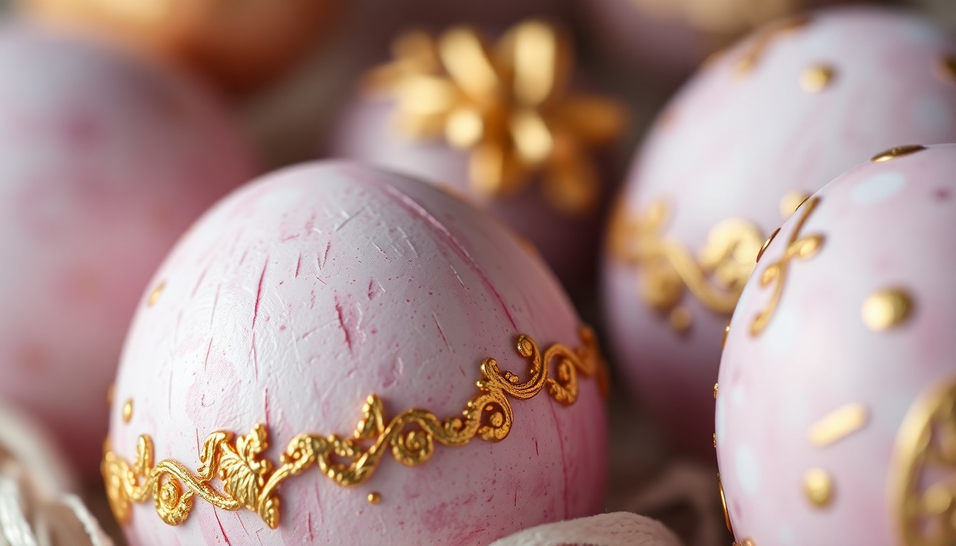 An extreme close-up photograph of a delicately textured Easter egg in soft, pastel colors, capturing the celebratory and luxurious mood of the Sussexes' holiday.
