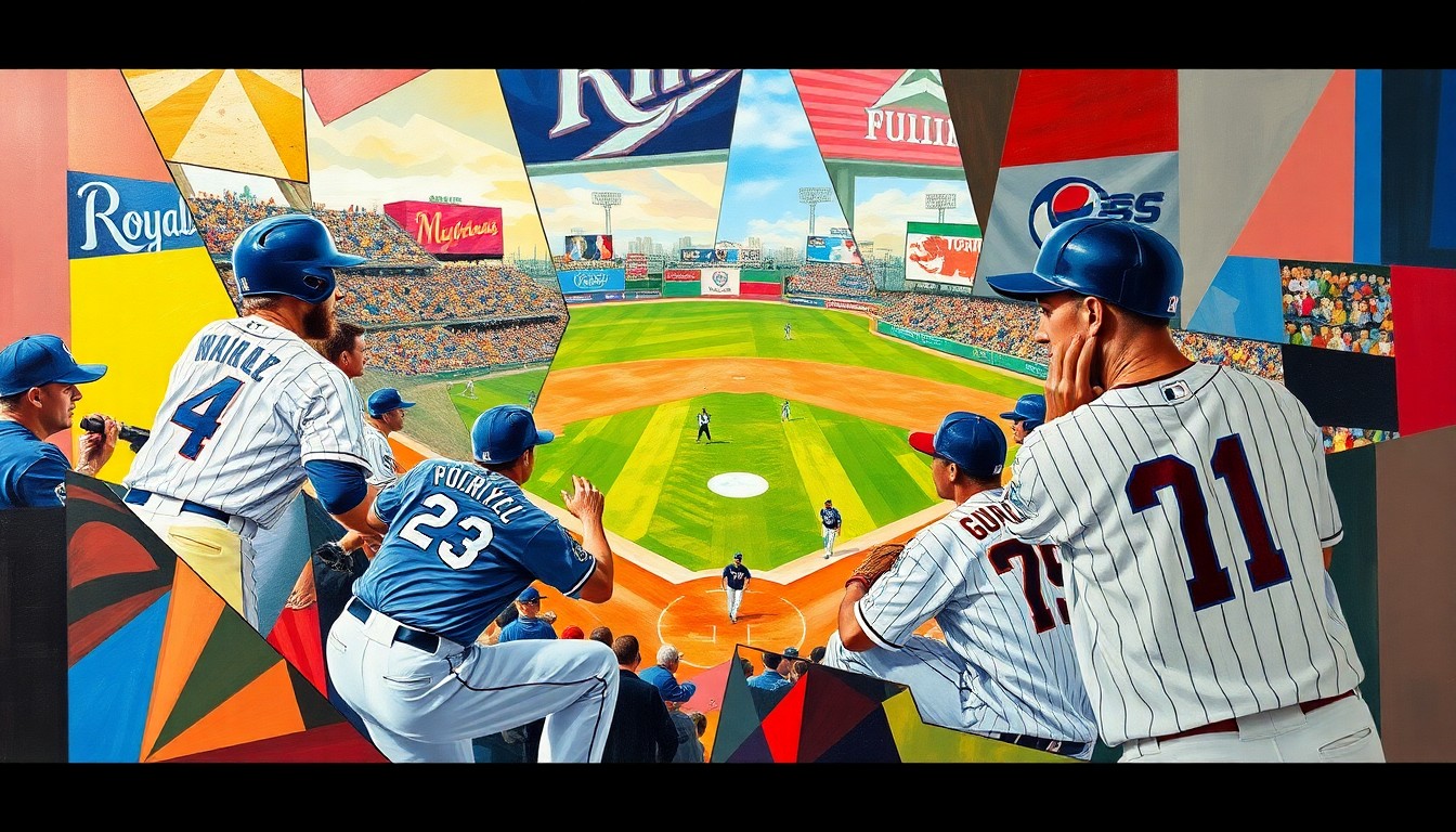 A cubist-style painting depicting a baseball game in progress, with the players and field fragmented into overlapping geometric shapes and planes of color.