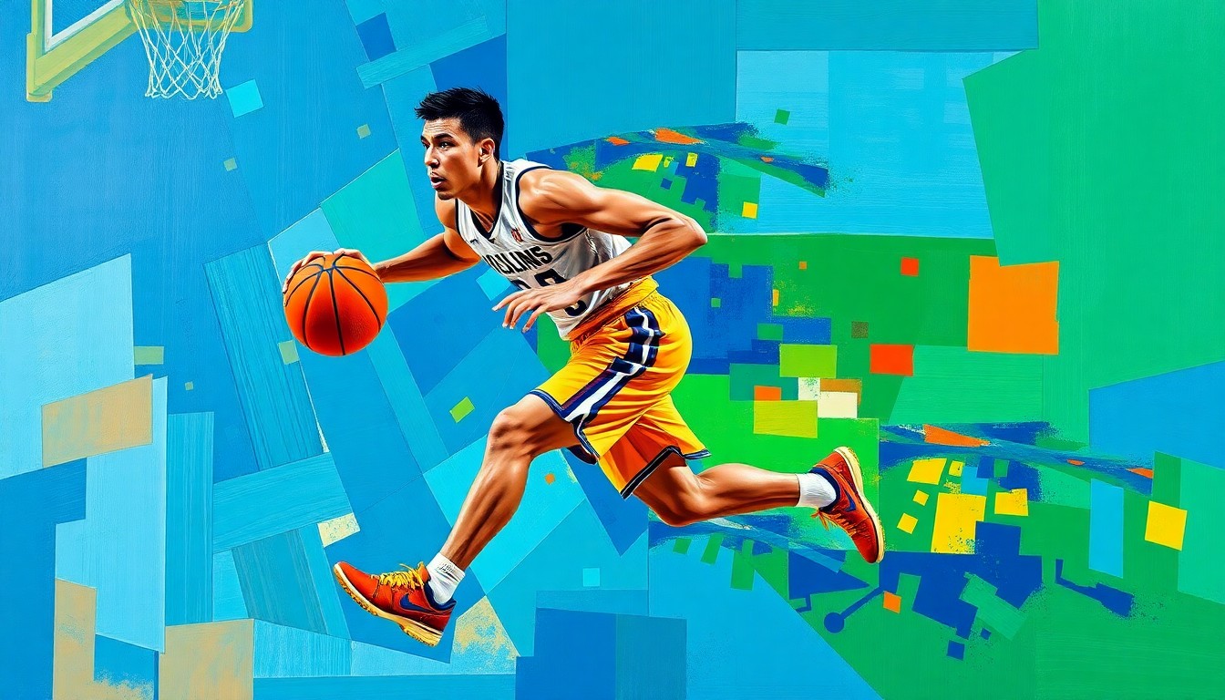 A cubist-style painting depicting a college basketball player in motion, broken down into overlapping geometric shapes and planes of vibrant blue, orange, and green colors, conveying the complexity of roster decisions in the modern game.
