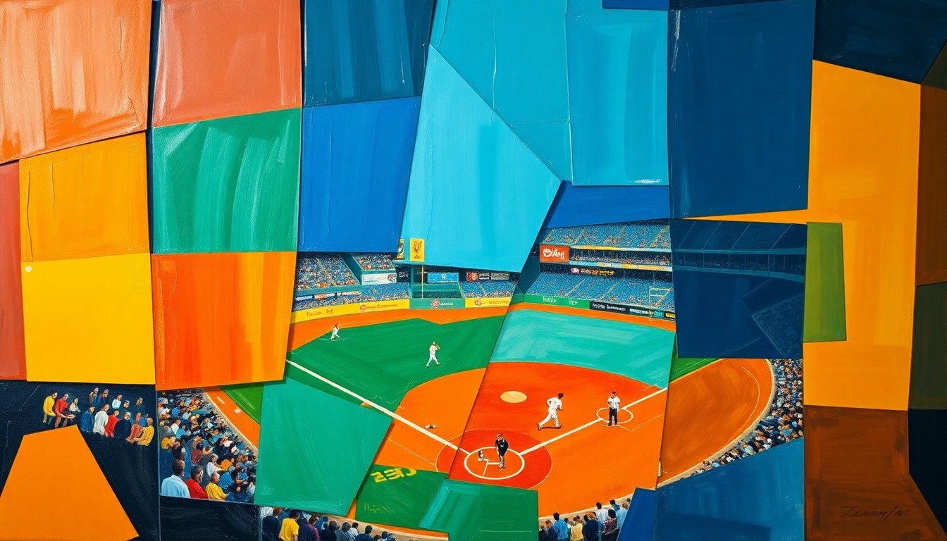 A fragmented, geometric painting in vibrant colors that captures the motion and intensity of a baseball game, with sharp, overlapping shapes that deconstruct the scene into an abstract, artistic representation.