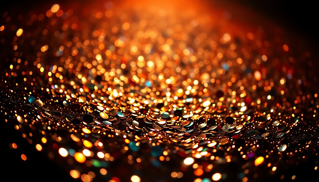 An abstract close-up photograph of shimmering, reflective sequins in a dramatic, high-contrast studio lighting setup, capturing the glamour and energy of a major music festival.