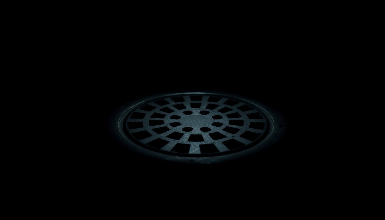 An extreme close-up of a metal pool drain cover, the harsh flash lighting creating a stark, gritty, investigative feel that conceptually represents the tragic circumstances surrounding a recent drowning incident.