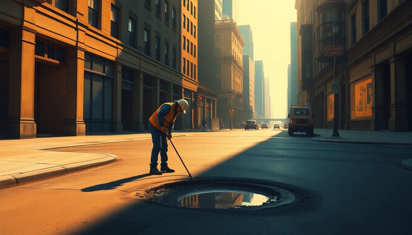 A cinematic painting of a lone construction worker in a reflective vest filling a pothole on a city street, the scene bathed in warm, diagonal sunlight and deep shadows, conceptually illustrating the administration's commitment to addressing everyday infrastructure issues.