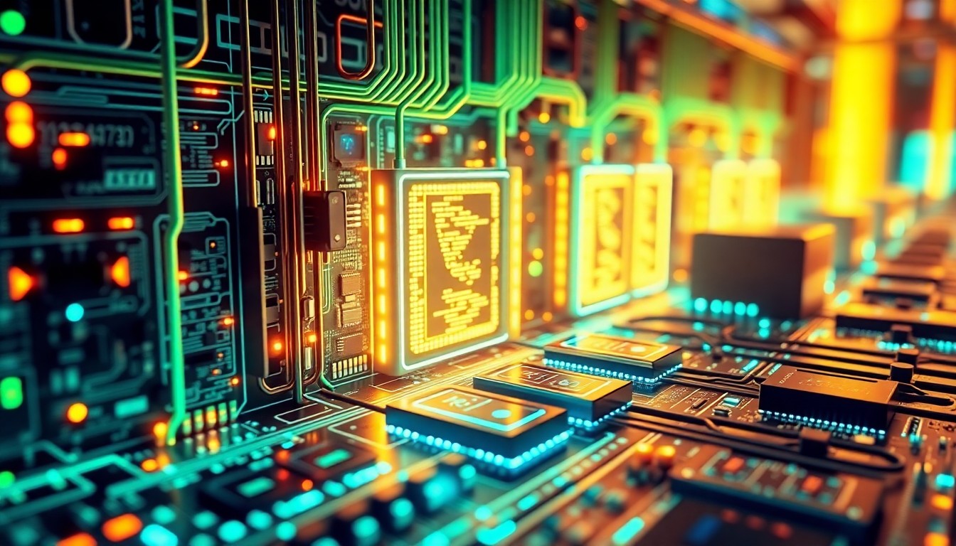 A highly detailed, glowing 3D illustration of a futuristic agricultural data hub, with illuminated circuit boards, fiber optic cables, and other cybernetic hardware elements, conceptually representing the technological advancements transforming the farming industry.