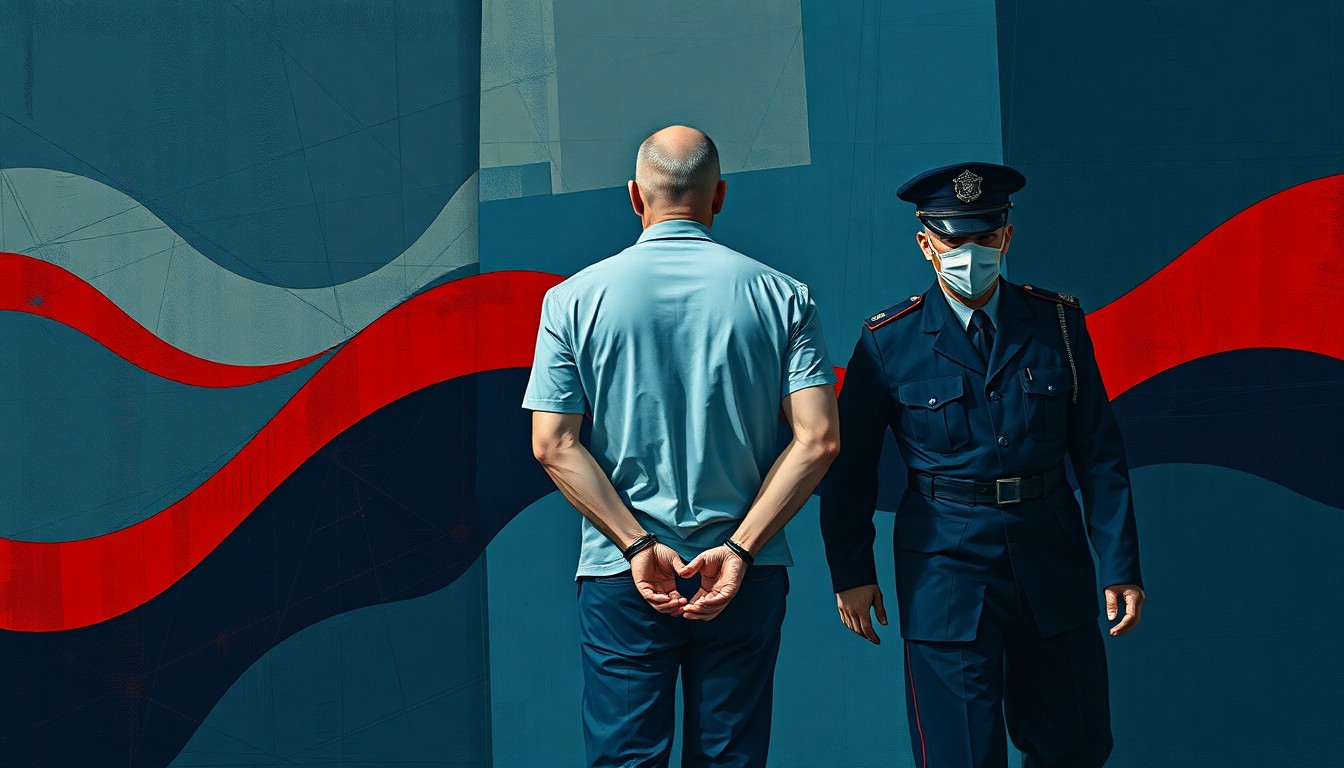 A conceptual illustration featuring overlapping, fractured geometric shapes in shades of blue, grey, and red, depicting the complex relationship between local law enforcement and federal immigration authorities.