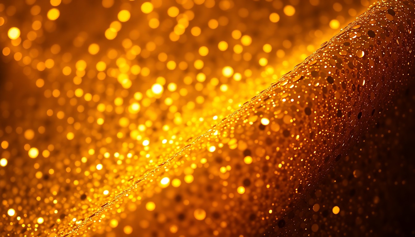 An abstract close-up image of shimmering gold sequins, using dramatic lighting to create a high-fashion, glamorous aesthetic that reflects the luxurious new Citrine Veil fragrance from Galia Lahav.