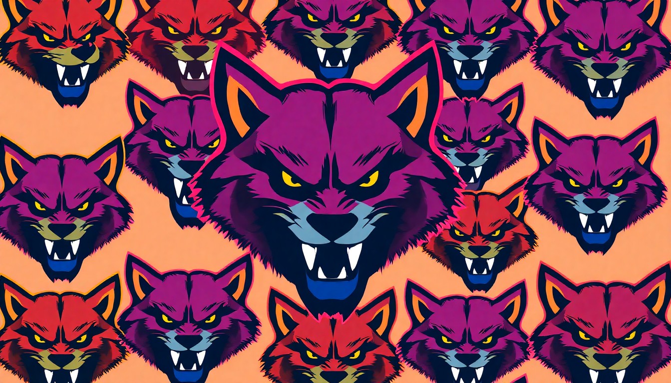A vibrant, high-contrast silkscreen print featuring a repeated icon of a fierce-looking wolverine in a grid pattern, using a bold, neon color palette to capture the spirit of the new college mascot.