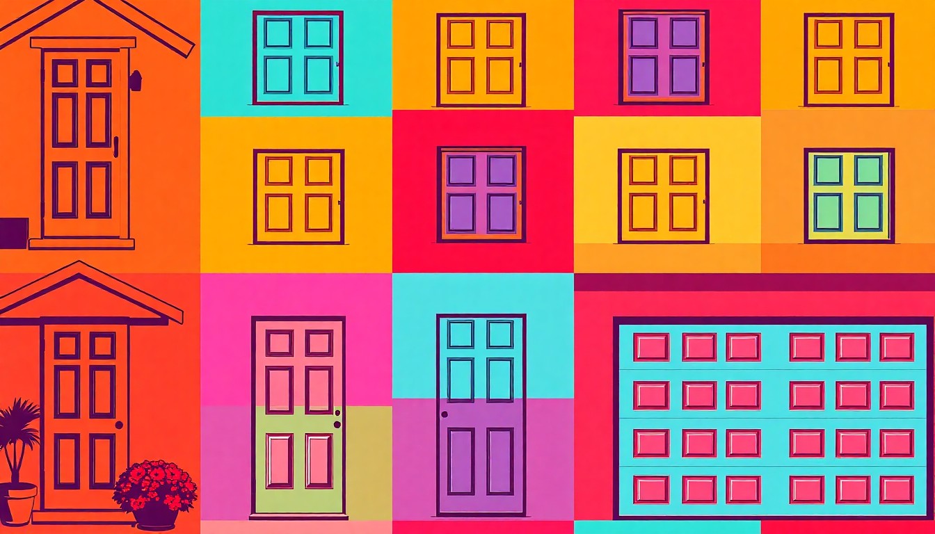 A highly stylized, abstract grid of a single residential home exterior object, such as a front door, rendered in bold, neon-like colors and heavy black outlines to create a modern pop art effect, conceptually representing the recent renovations and market appeal of a suburban Connecticut property.