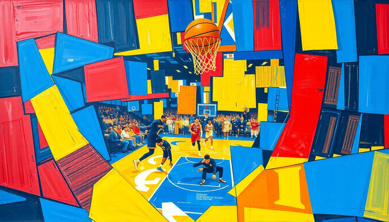 A fractured, cubist-style painting depicting the energy and movement of a college basketball game, with sharp geometric shapes and vibrant colors representing the strategic and competitive nature of the sport.