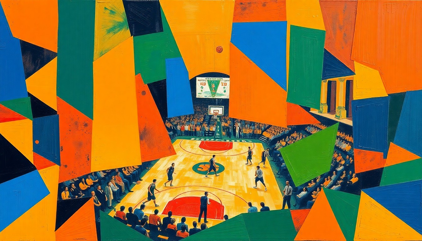 A fragmented, geometric painting depicting a Knicks basketball game, with sharp planes of orange, blue, and green overlapping to create a dynamic, abstract composition.