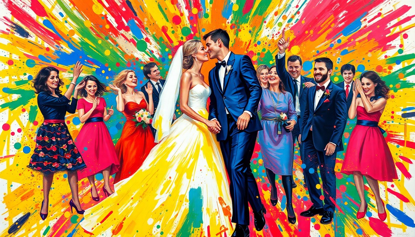 An abstract, expressionist painting in vibrant neon colors, capturing the joyful energy and cultural fusion of a wedding celebration with figures dissolving into colorful brushstrokes.