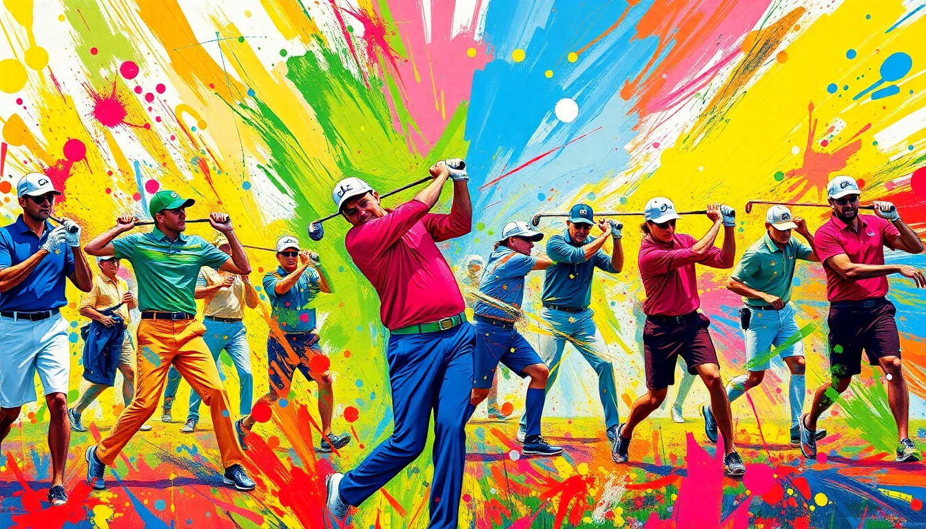 An abstract, expressionist painting in vibrant neon colors, capturing the dynamic motion and energy of a college golf tournament with golfers' forms dissolving into colorful brushstrokes.