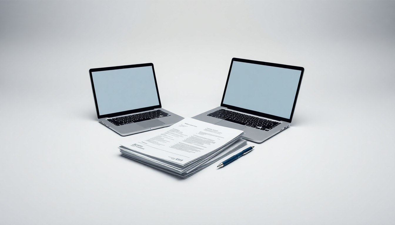 A photorealistic studio still life featuring a stack of financial documents, a laptop, and a pen arranged on a clean, monochromatic background, conceptually representing the digital transformation and AI-driven analytics powering the next generation of financial compliance and identity verification software.
