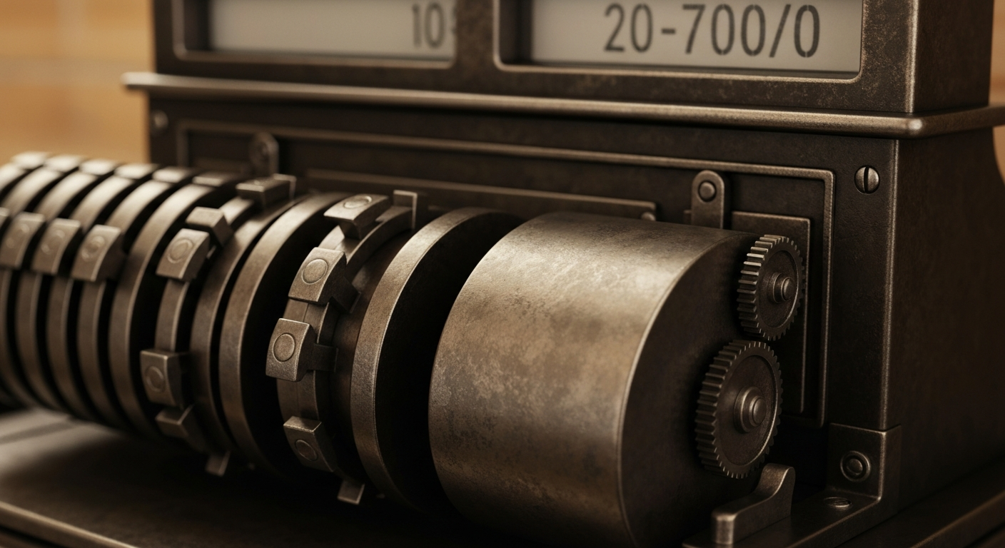 An extreme close-up of the heavy, industrial mechanisms of an antique cash register, conveying the tangible financial security and community-driven mission of a longstanding natural foods cooperative.