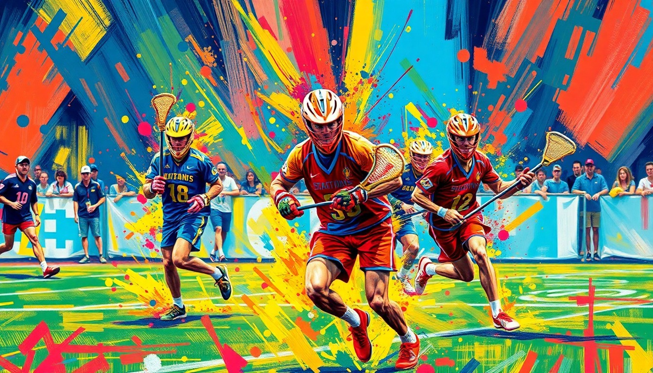 An abstract, expressionist painting in neon colors capturing the dynamic motion and raw energy of a high school lacrosse game, with players' forms dissolving into vibrant brushstrokes.