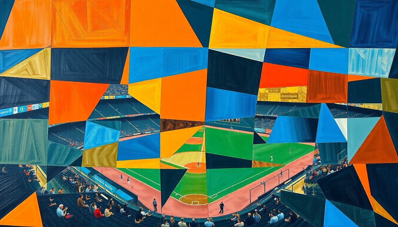 A fragmented, abstract painting depicting a baseball game scene, with sharp planes of color representing the movement and energy of the sport.