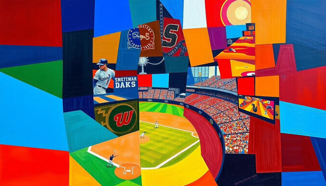 A cubist painting featuring overlapping geometric shapes and planes of the Twins' navy blue and the Tigers' orange, representing the dynamic action of a baseball game.