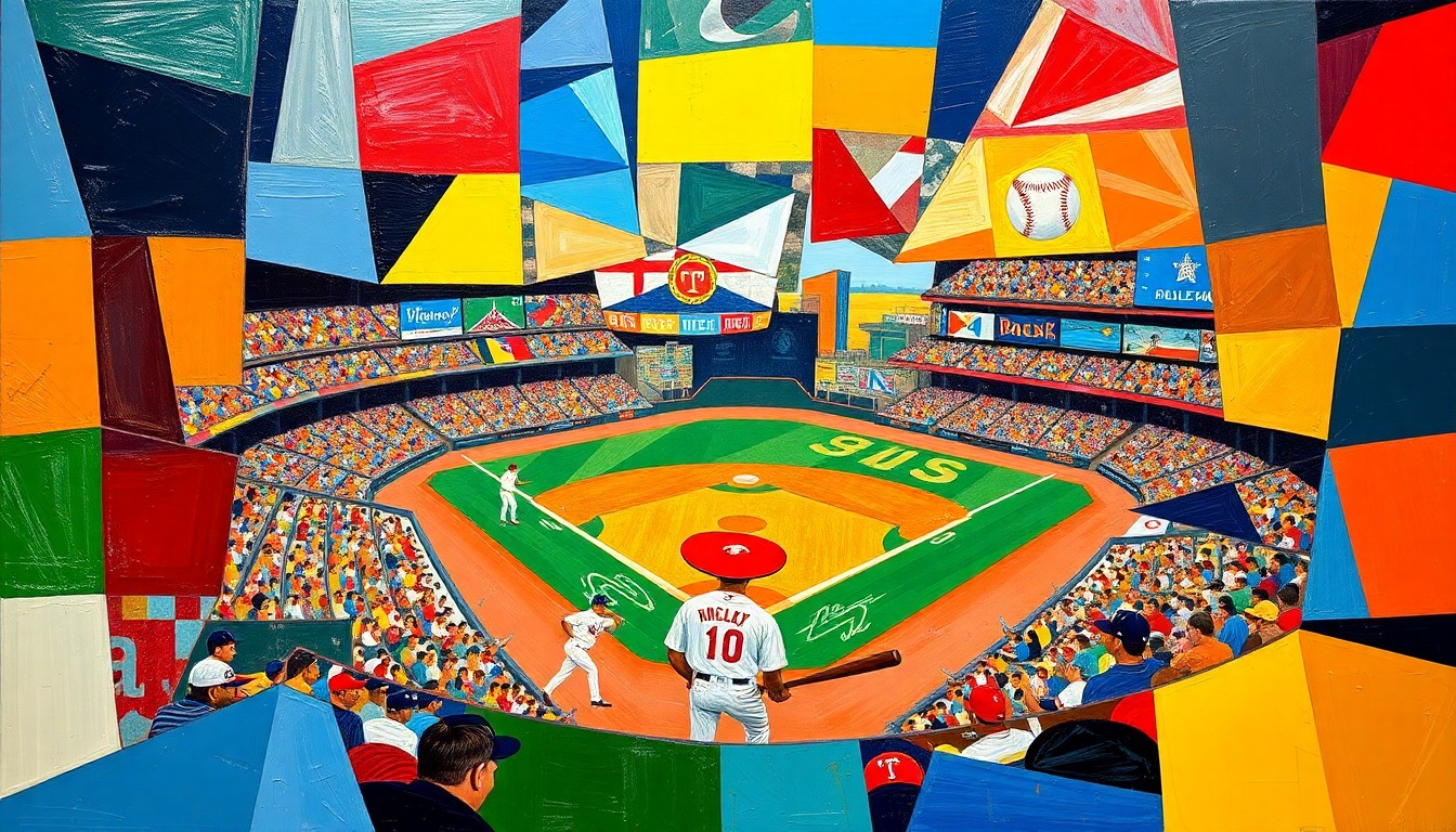 A cubist, geometric painting depicting a baseball game broken down into overlapping planes of bright colors, capturing the dynamic energy of the Rays' homecoming.