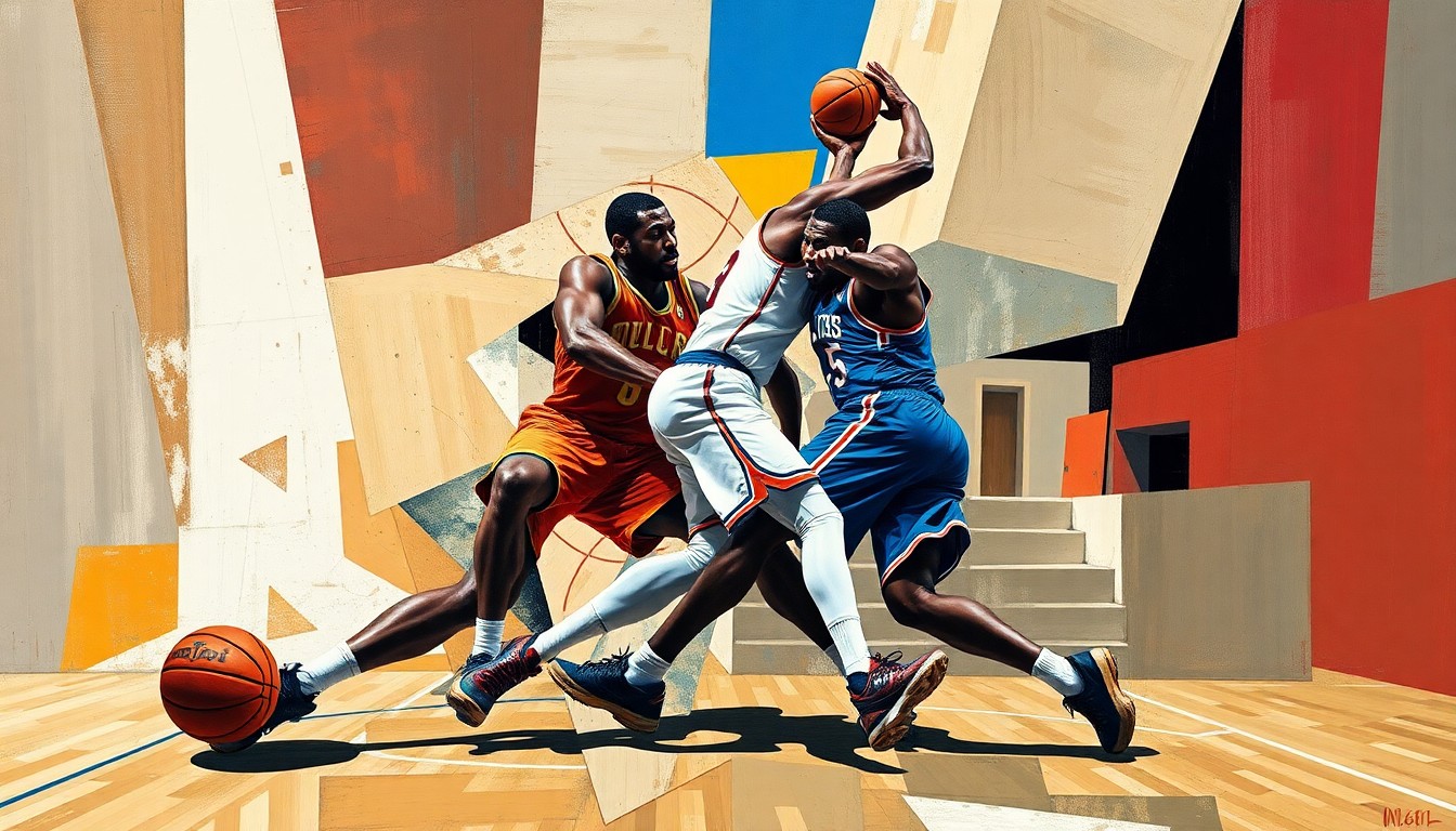 A fractured, geometric painting depicting the collision between two basketball players, with their bodies and the court broken down into sharp, overlapping planes of color and shape.