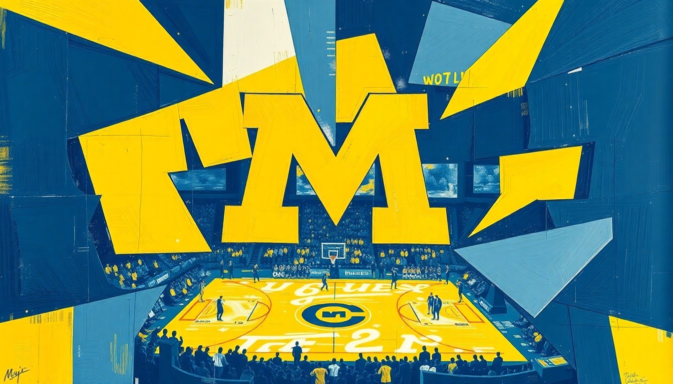 A cubist, geometric painting featuring overlapping planes of bright blue and yellow, conceptually representing the dynamic action and energy of a championship basketball game.