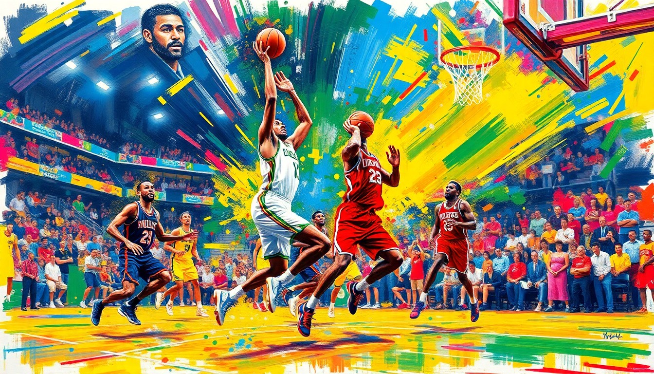 An abstract, energetic painting in neon colors depicting the dynamic movements and scoring plays of basketball players on a court.