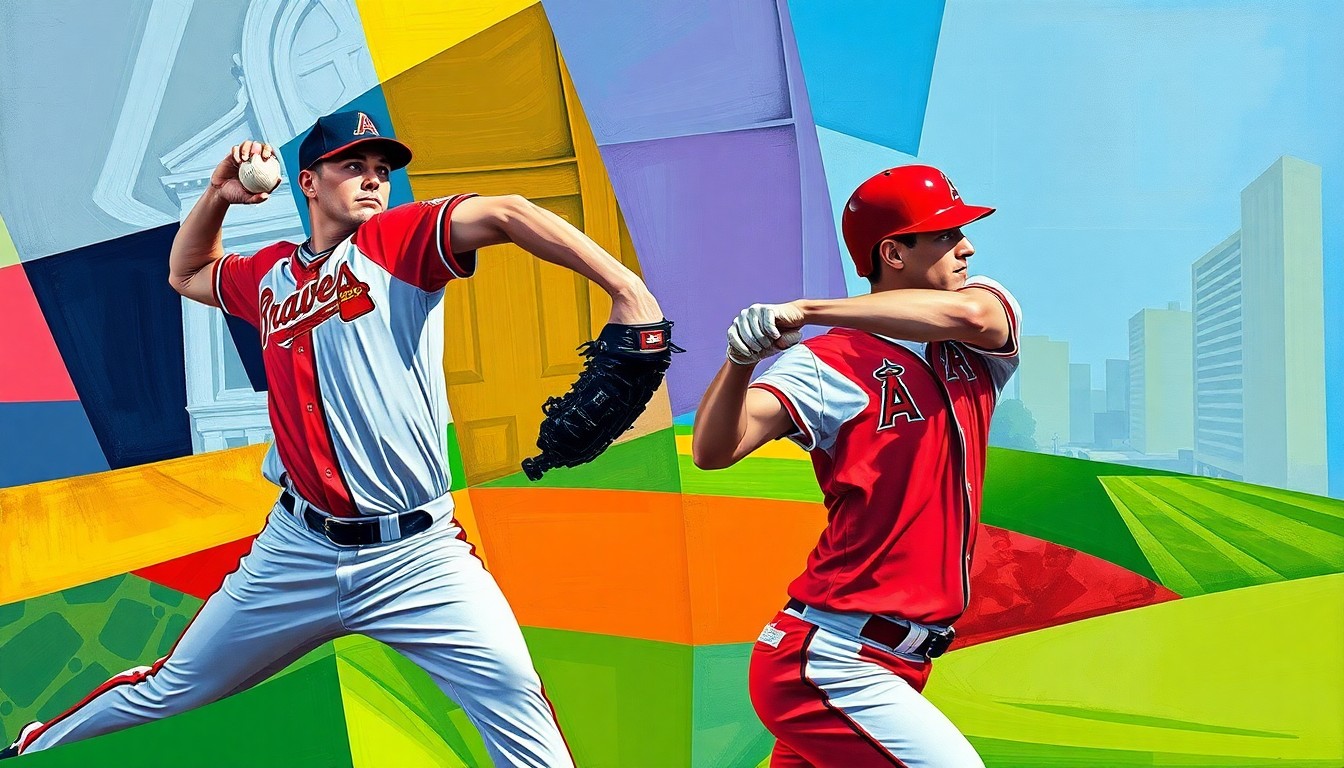 A cubist-style painting depicting a baseball pitcher throwing a pitch and a batter being struck by the ball, with the scene broken down into sharp, overlapping geometric shapes and planes in the colors of the Braves and Angels uniforms.