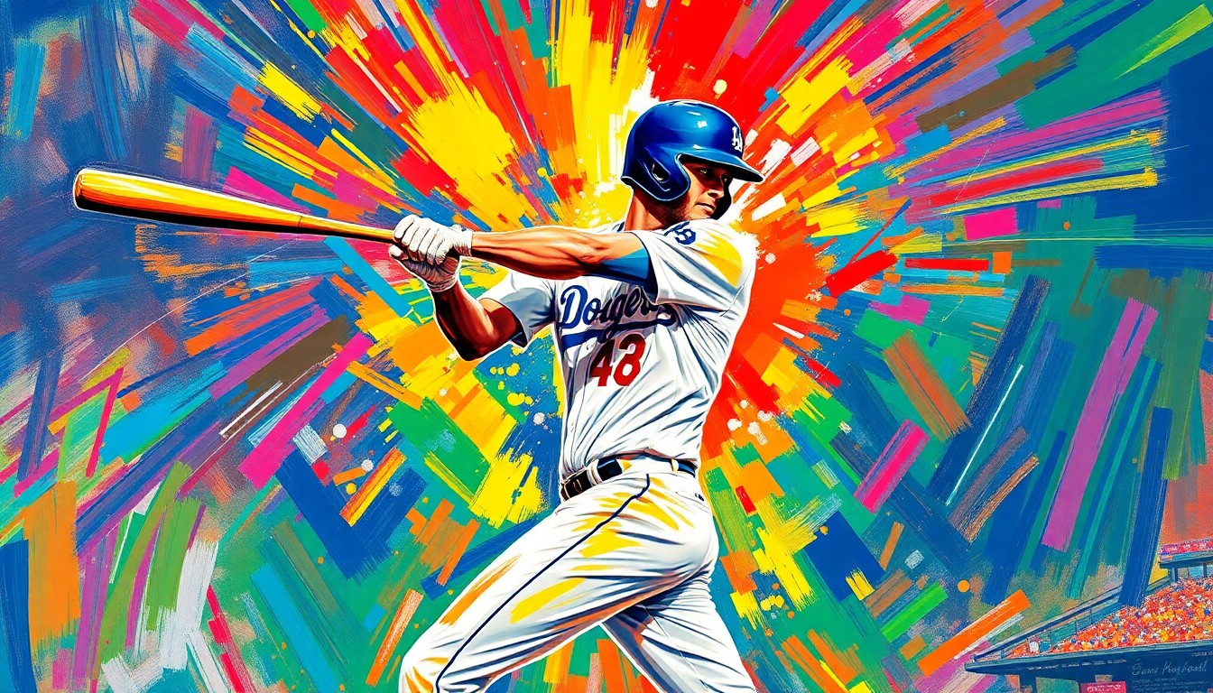An abstract, energetic painting in neon colors depicting the powerful swing and motion of a baseball player hitting a home run, with the batter's form and the ball's trajectory dissolving into vibrant brushstrokes.