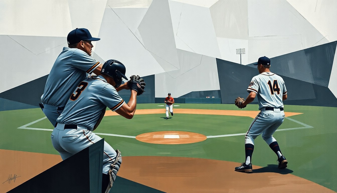A fractured, geometric painting depicting a baseball game scene with abstracted player forms and overlapping perspectives, conveying the tension and intensity of the moment.