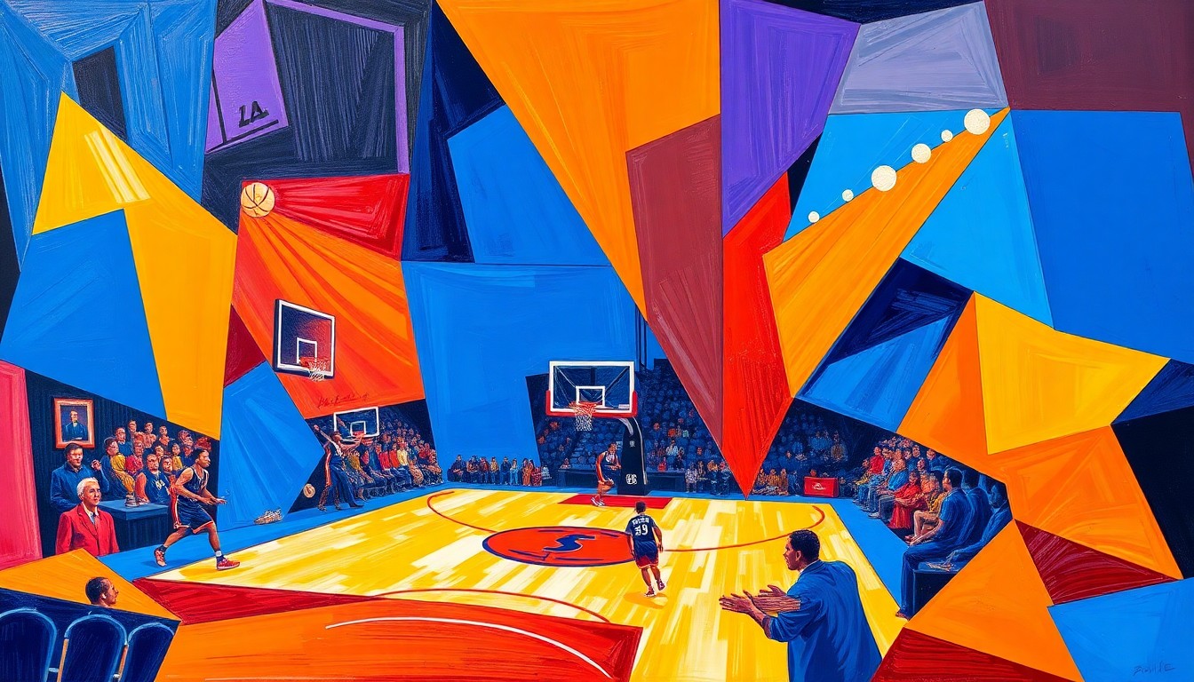 A fractured, multi-perspective painting depicting the energy and movement of a basketball game, with sharp geometric shapes in vibrant colors representing the emotional journey of a player competing on the biggest stage in his home state.