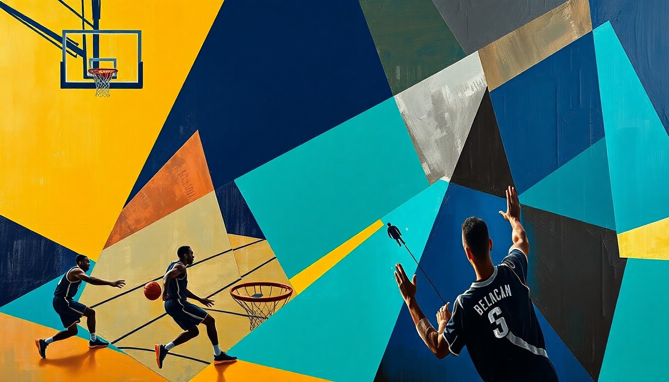 A fractured, geometric painting depicting the chaotic action of a basketball game, with the players' forms broken down into sharp, overlapping planes of navy, teal, and gold.