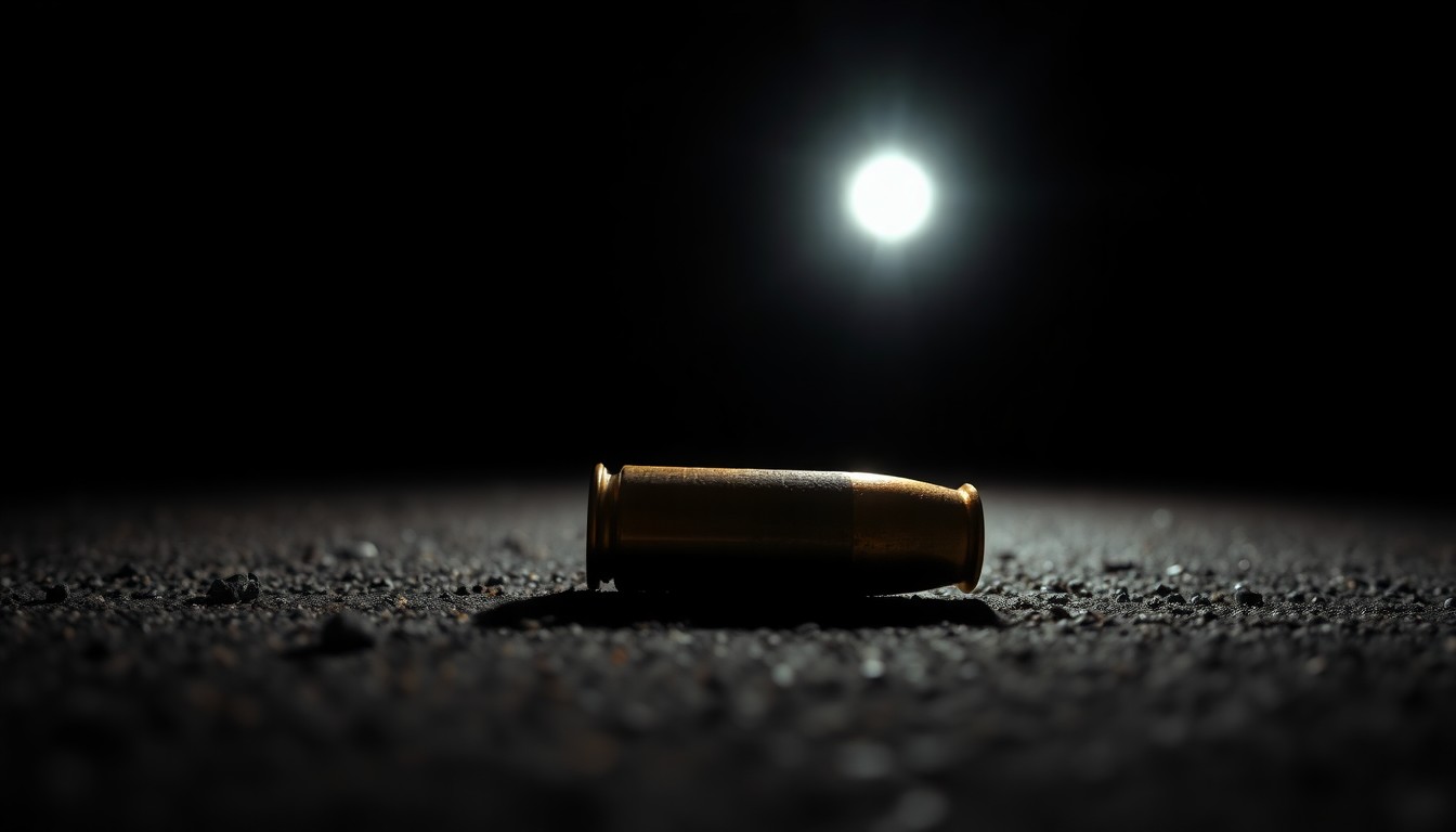 An extreme close-up photograph of a spent bullet casing on the ground, reflecting a harsh, direct flash of light, conceptually illustrating the violence of the reported shooting.