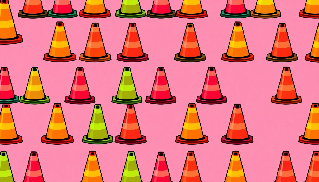 A high-contrast, brightly colored silkscreen print of a single orange road construction cone repeated in a tight grid pattern, conceptually representing the repaving of a major Las Vegas thoroughfare.