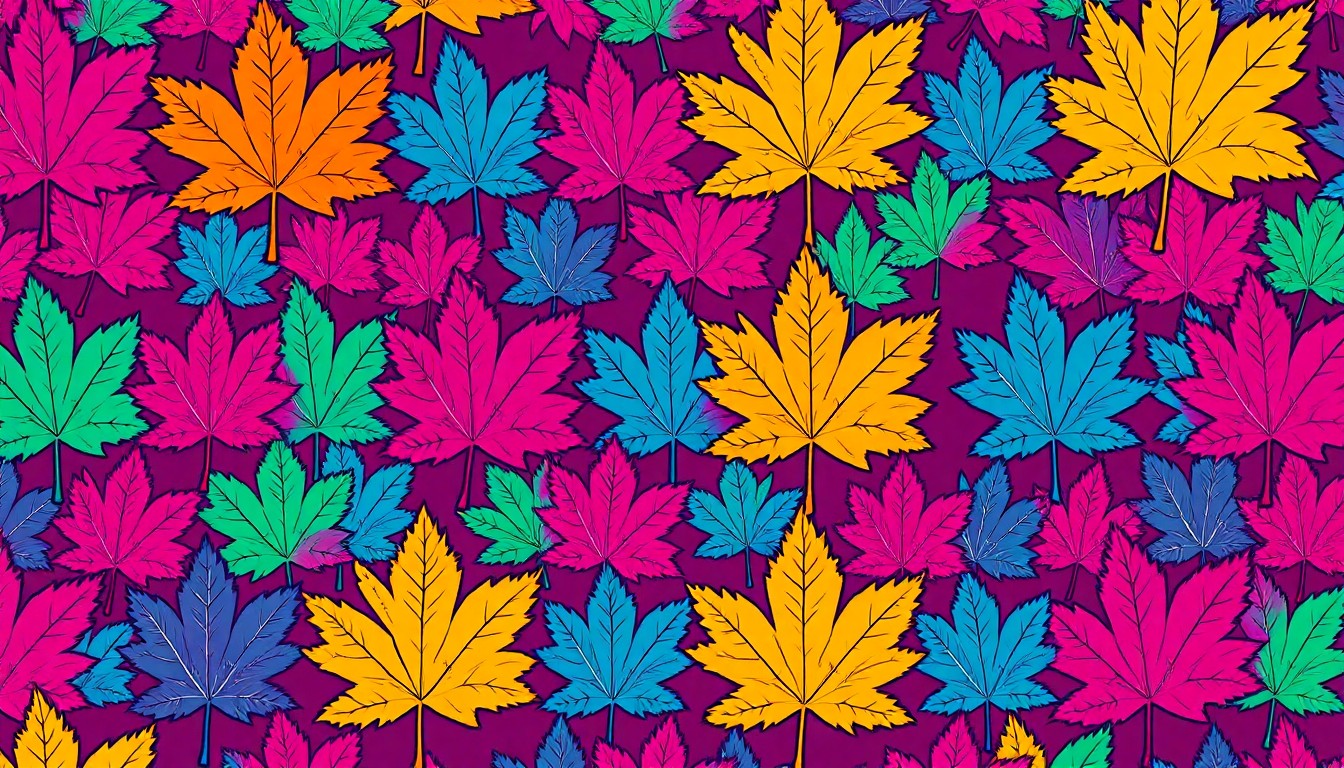 A high-contrast, brightly colored silkscreen print of a single maple leaf repeated in a grid pattern, conceptually representing the city's efforts to regulate problematic tree species.