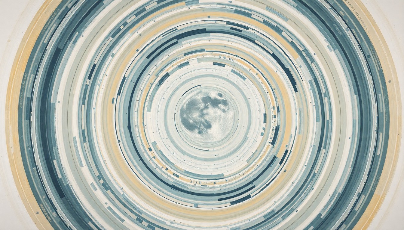 An abstract, geometric painting in muted earth tones depicting the Artemis II mission's journey to the moon, with a prominent lunar crater at the center representing the 'Carroll' crater named by the crew in tribute to their commander's late spouse.